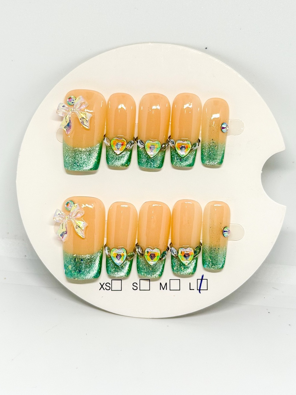 Peach and Green Ombre Rhinestone Press-On Nails